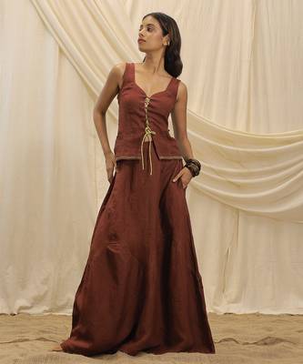Burnt maroon linen corset skirt set 1