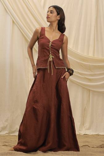 Burnt maroon linen corset skirt set