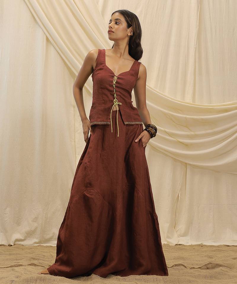 Burnt maroon linen corset skirt set