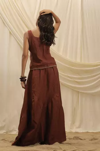 Burnt maroon linen corset skirt set