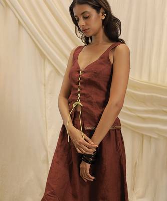 Burnt maroon linen corset skirt set 4