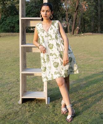 Off white printed cotton short dress 1