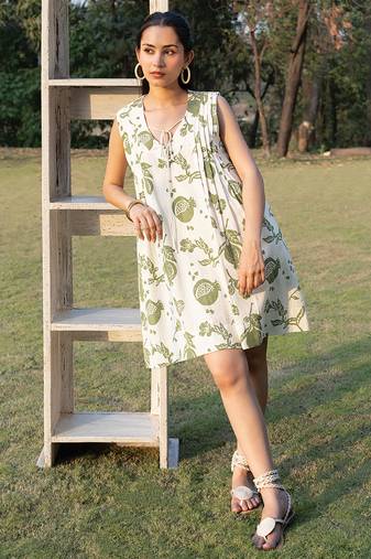 Off white printed cotton short dress