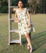 Off white printed cotton short dress