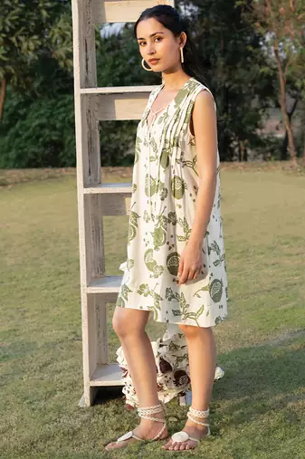 Off white printed cotton short dress