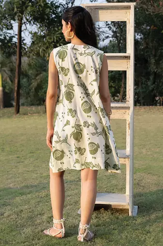 Off white printed cotton short dress