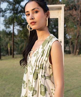 Off white printed cotton short dress 4