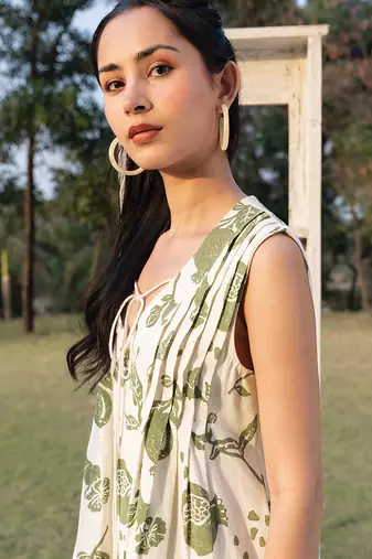 Off white printed cotton short dress