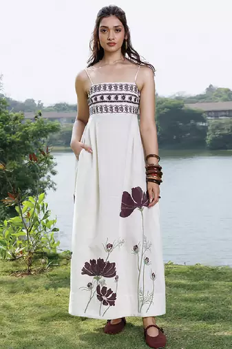 Ivory printed cotton maxi dress