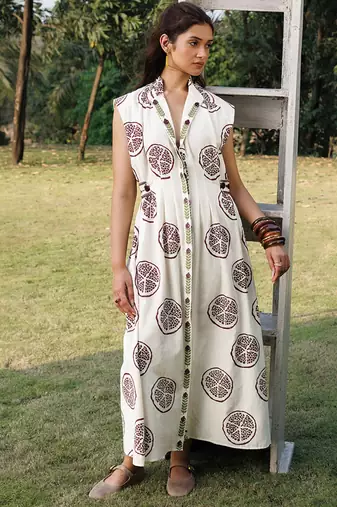Off white printed cotton maxi dress