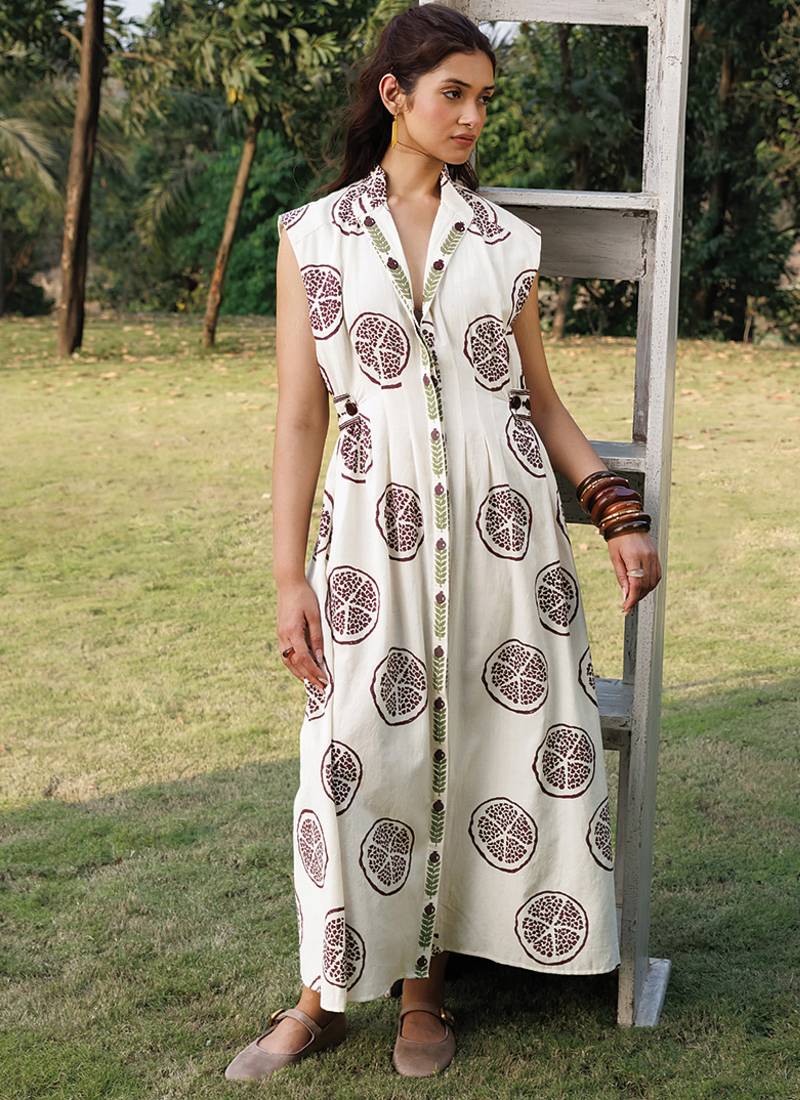 Off white printed cotton maxi dress