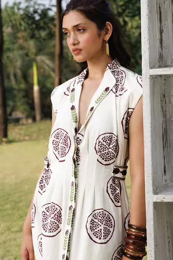Off white printed cotton maxi dress