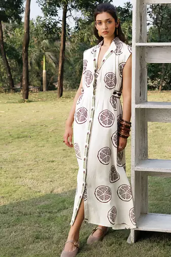 Off white printed cotton maxi dress