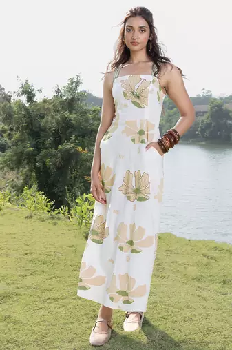 Cream printed cotton maxi dress
