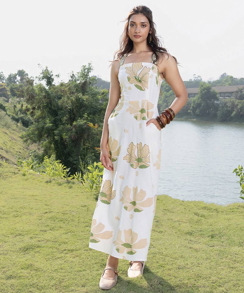 Cream printed cotton maxi dress