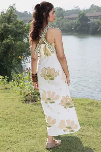 Cream printed cotton maxi dress