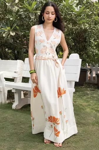 Off white printed cotton maxi dress