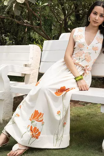 Off white printed cotton maxi dress