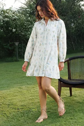 Off white blue printed cotton short dress