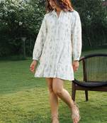 Off white blue printed cotton short dress
