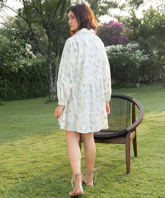 Off white blue printed cotton short dress 2