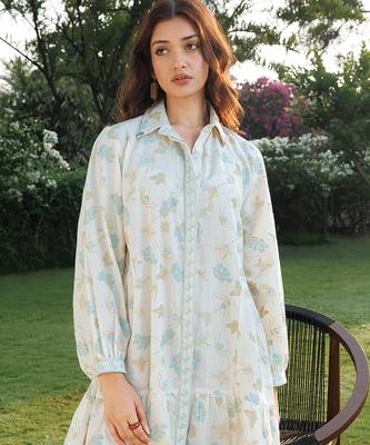 Off white blue printed cotton short dress 3