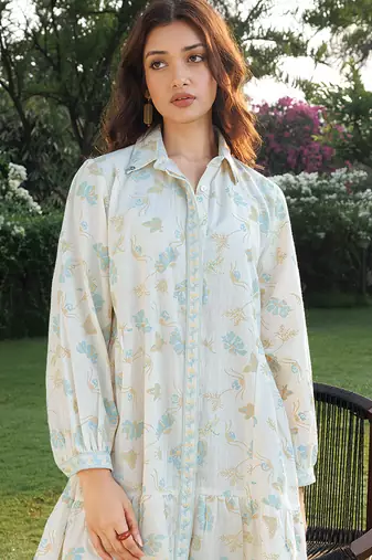 Off white blue printed cotton short dress