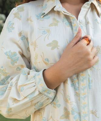 Off white blue printed cotton short dress 4