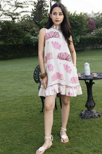 Off white pink printed cotton short dress