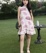 Off white pink printed cotton short dress