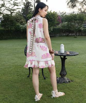 Off white pink printed cotton short dress 2