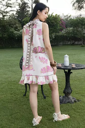 Off white pink printed cotton short dress