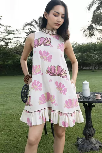 Off white pink printed cotton short dress