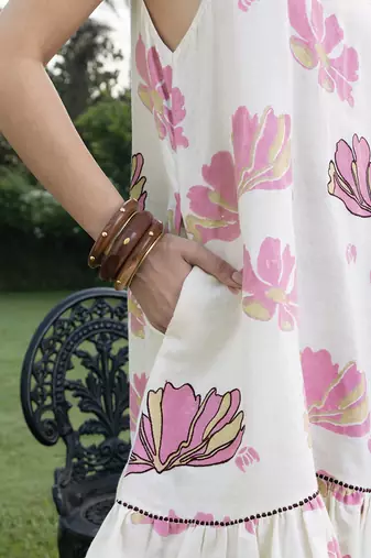 Off white pink printed cotton short dress
