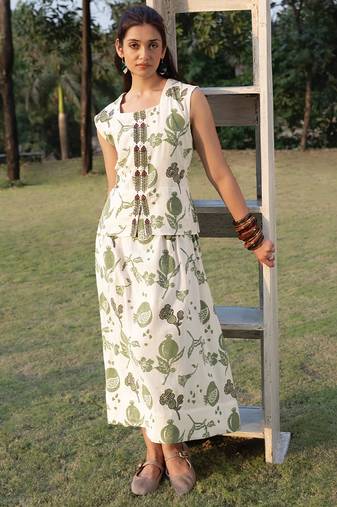 Off white olive printed cotton maxi dress