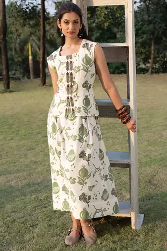 Off white olive printed cotton maxi dress