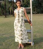Off white olive printed cotton maxi dress