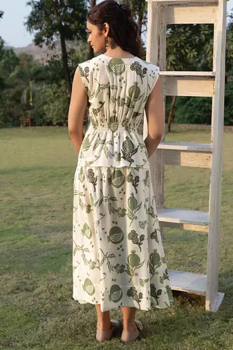 Off white olive printed cotton maxi dress