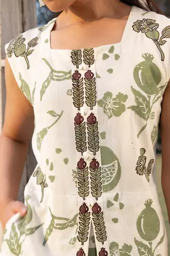 Off white olive printed cotton maxi dress