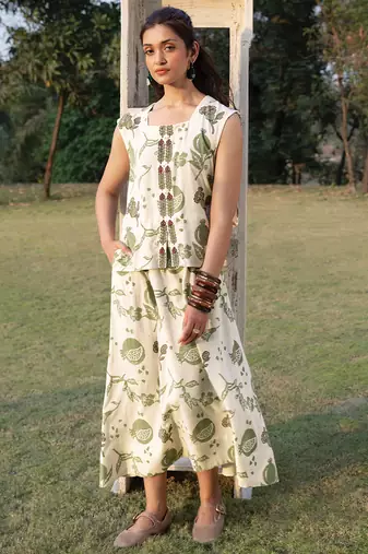 Off white olive printed cotton maxi dress