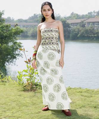 Off white olive printed cotton tube maxi dress 1