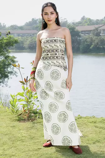 Off white olive printed cotton tube maxi dress