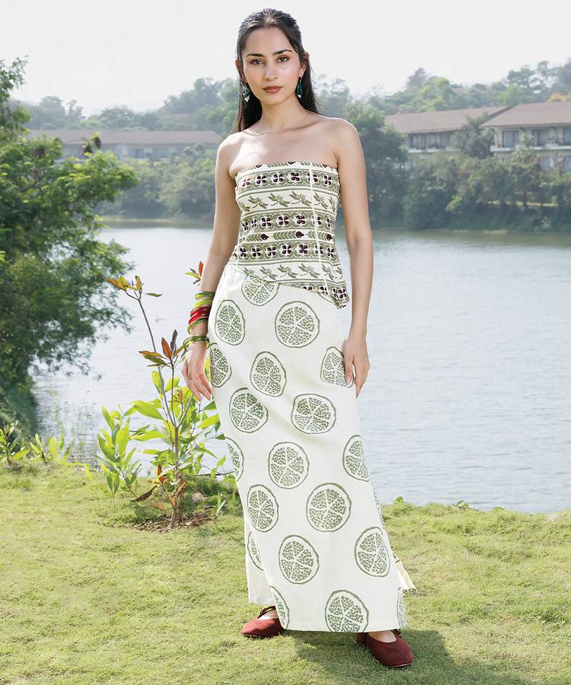 Off white olive printed cotton tube maxi dress