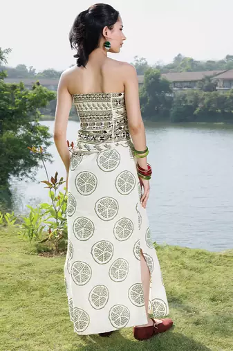 Off white olive printed cotton tube maxi dress