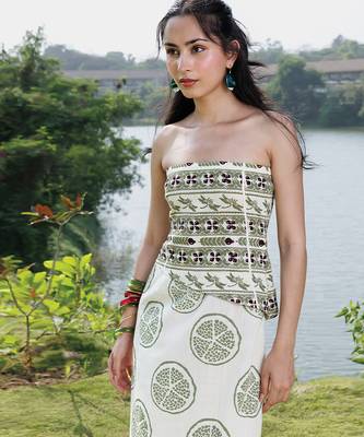 Off white olive printed cotton tube maxi dress 3