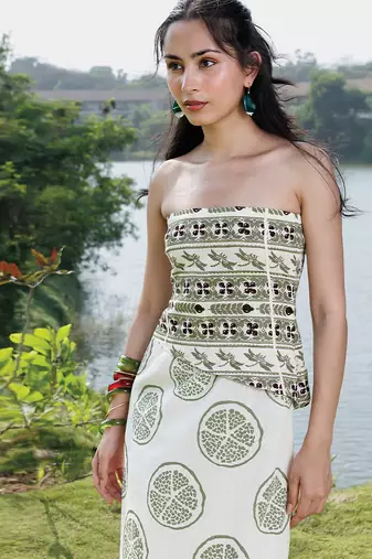 Off white olive printed cotton tube maxi dress