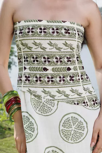 Off white olive printed cotton tube maxi dress