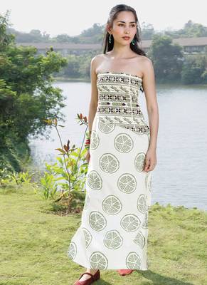 Off white olive printed cotton tube maxi dress 5