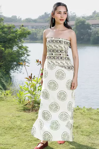 Off white olive printed cotton tube maxi dress