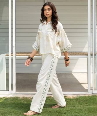 Cream white printed cotton shirt 1
